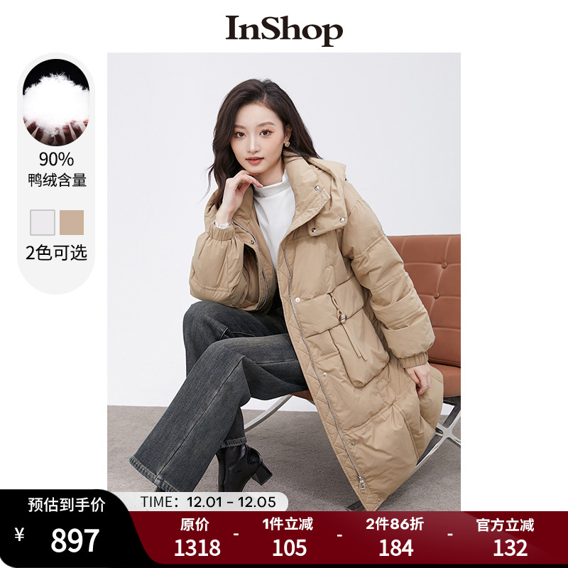 【商场同款】INSHOP新款简约连帽长款羽绒服女防风立领鸭绒面包服