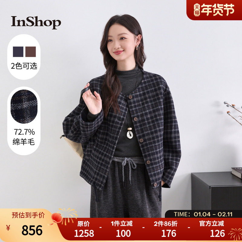 InShop【商场同款】新款女复古格纹短款毛呢外套圆领宽松抽绳上衣,女装/女士精品,毛呢外套,淘宝优惠券,粉丝福利购,淘宝优惠卷