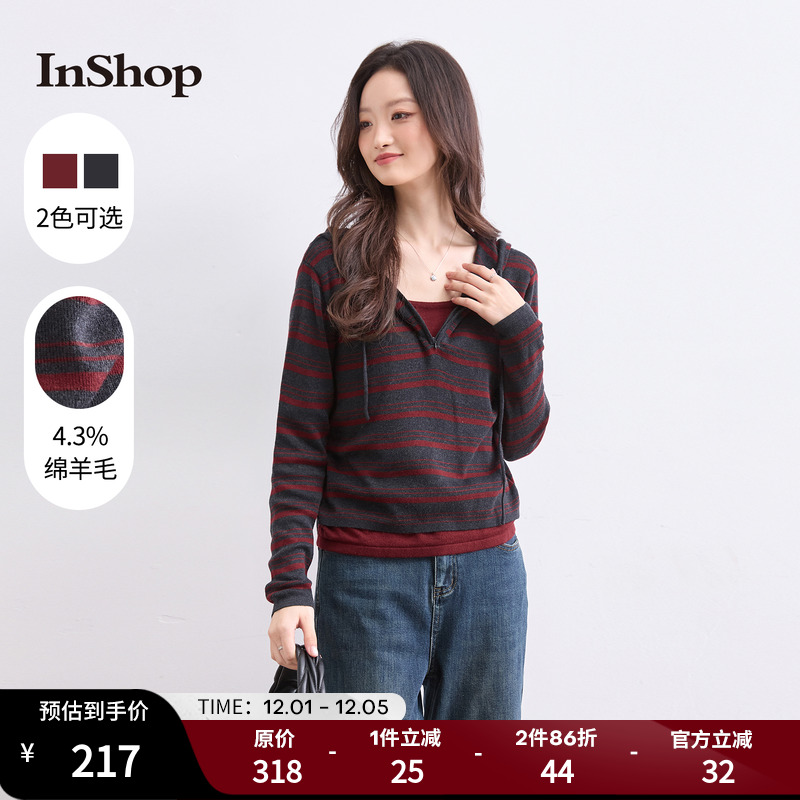【商场同款】INSHOP新款女温柔活力假两件毛衣经典条纹长袖上衣