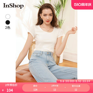 【商场同款】INSHOP夏装新款女白色修身短袖t恤女套头上衣