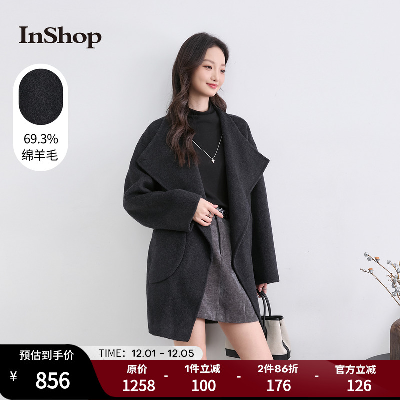 InShop【商场同款】新款女优雅气质高级长款毛呢外套翻领长袖大衣