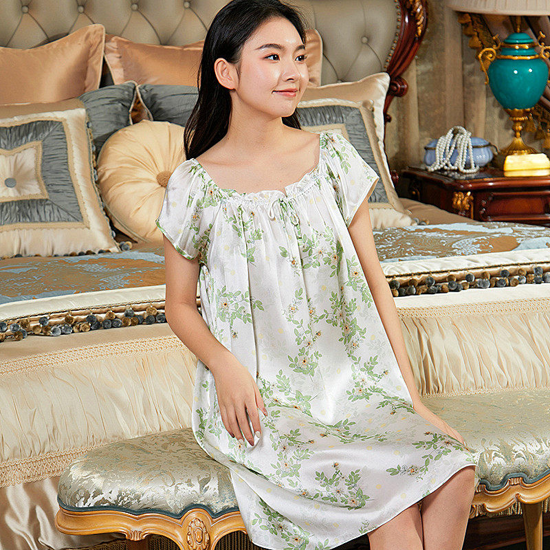 印花正品100%桑蚕丝睡裙春夏季大码宽松娃娃裙真丝睡衣透气家居服