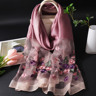 新款品牌洋气烟紫色长款真丝丝巾女士桑蚕丝围巾秋冬保暖高级披肩