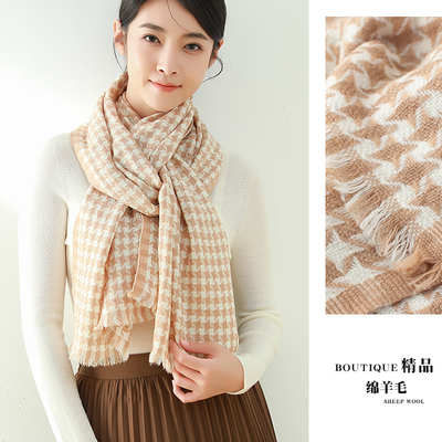秋冬季毛边千鸟格亮星绵羊毛围巾