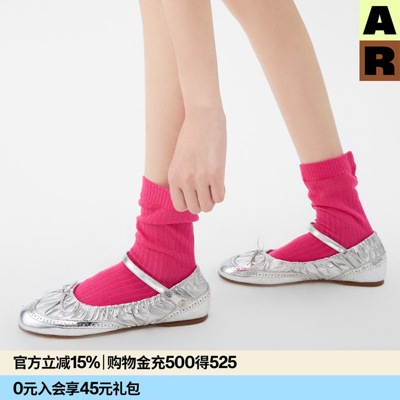 AR松弛感堆堆袜玫红色中筒袜2026新款miu系薄春春季纯色无骨袜女