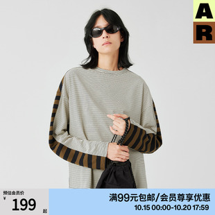 AR复古条纹miu系撞色拼接长袖 慵懒风上衣女 T恤2025春秋宽松套头衫