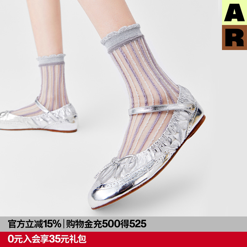 AR芭蕾风花边罗口水晶袜条纹金银丝袜子2025新款夏薄显瘦玻璃丝袜