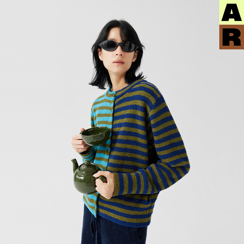 AR双色条纹半边绒开衫家居服套装冬保暖可外穿睡衣睡裤女2025新款