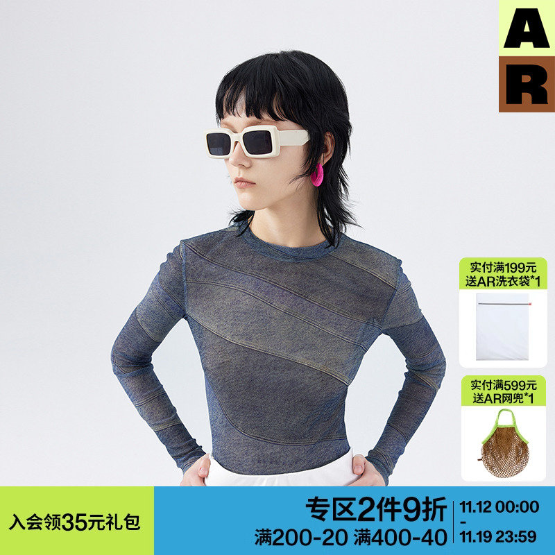 AR原创a线牛仔视错觉网纱打底衫2023新款时尚高级印花上衣设计线