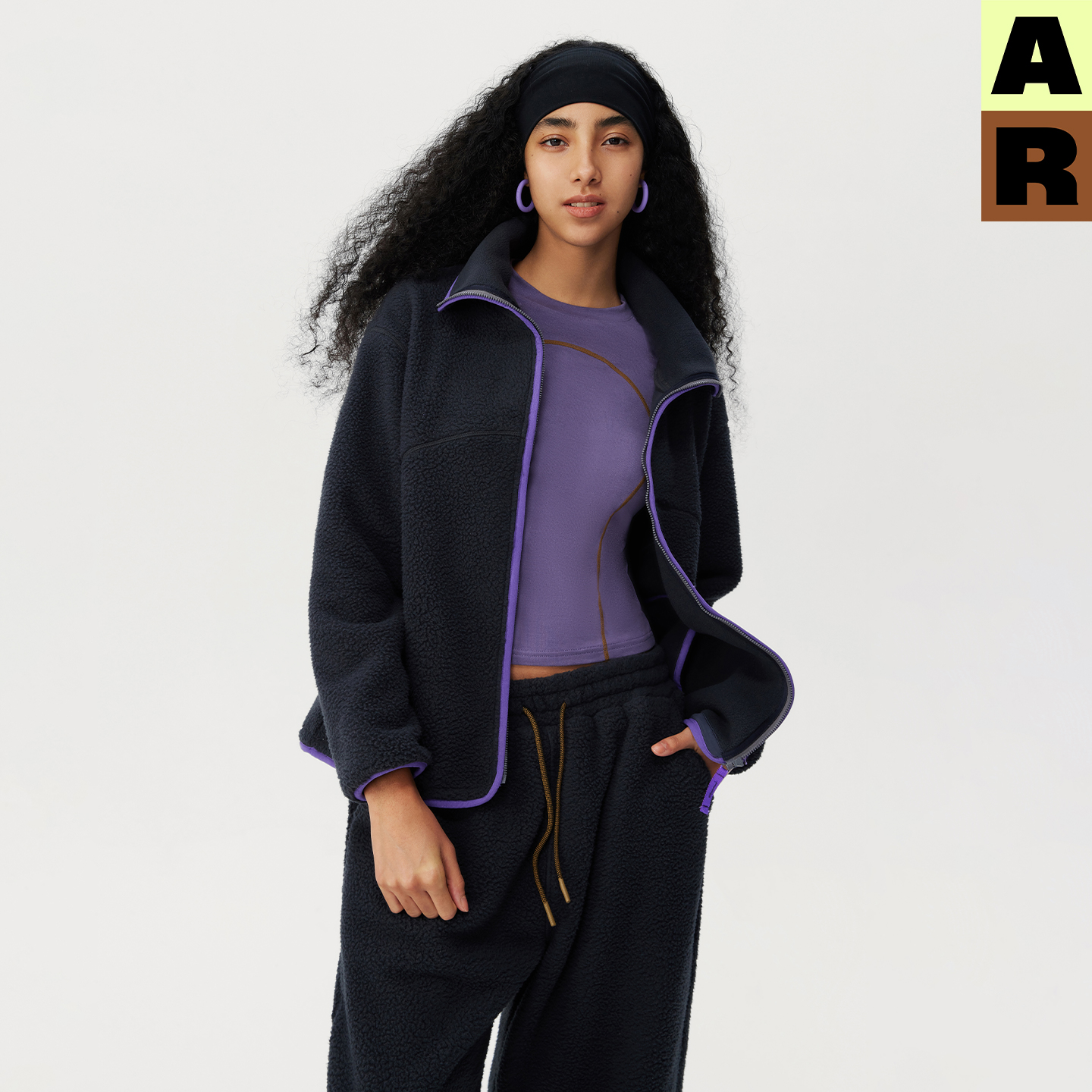 AR撞色双面羊羔绒开衫2025新款秋冬保暖外套运动上衣AlmondRocks