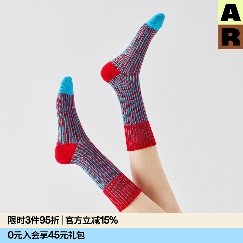 AR条纹撞色中筒袜2026新款春夏加厚保暖毛线袜子红色圣诞地毯袜女