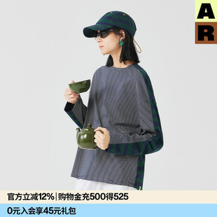 上衣新款 AR复古条纹miu系宽松长袖 T恤女撞色拼接休闲圆领打底衫