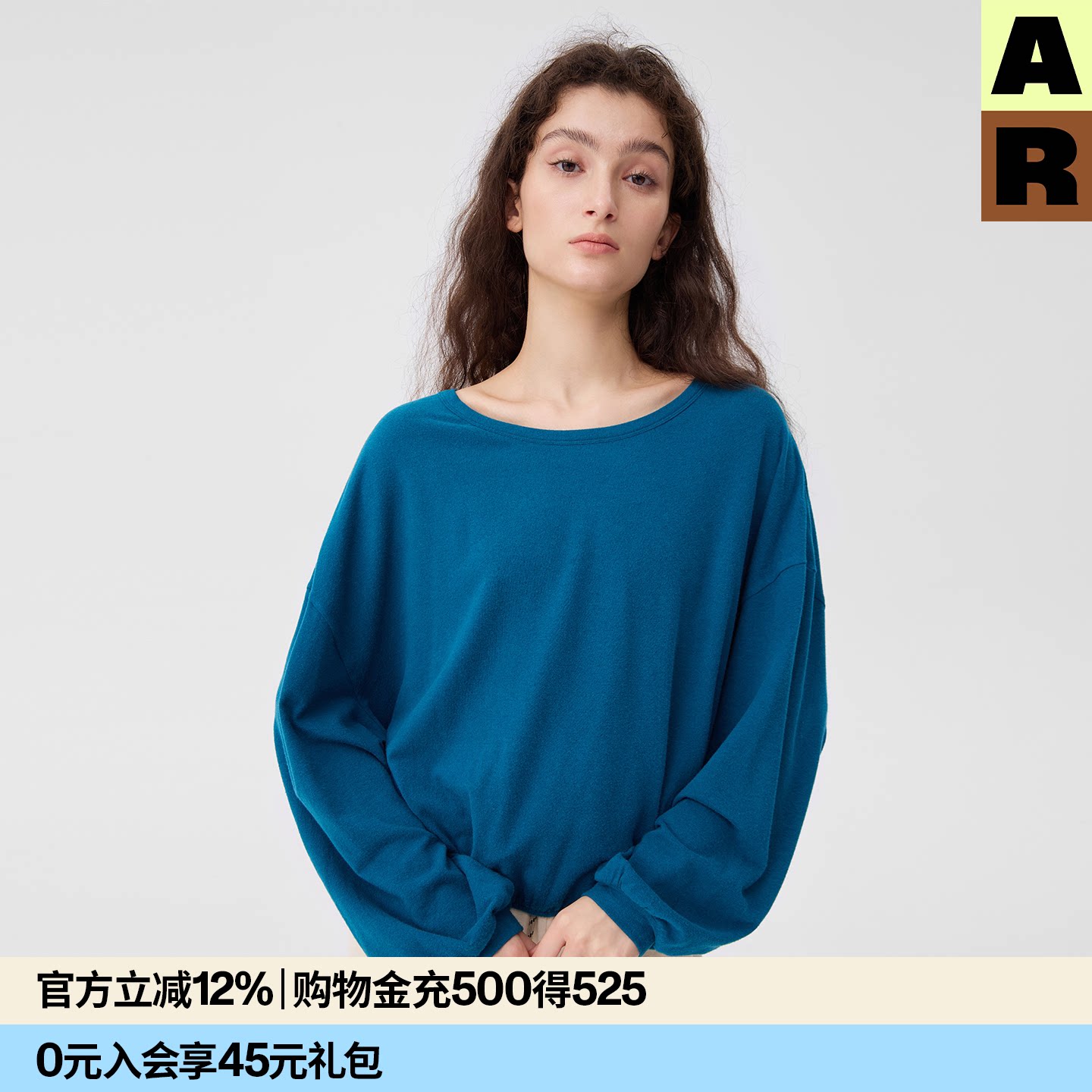 AR「softnotes」棉莫代尔短款长袖纯色圆领T恤宽松慵懒感上衣女图片