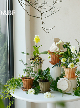 BD&BF 米兰系列粗陶土花盆 复古家居法式轻奢高级家用小含托盘