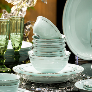 景德镇青瓷餐具吃饭碗家用碗碟套装盘子菜盘组合面碗汤碗鱼盘银边