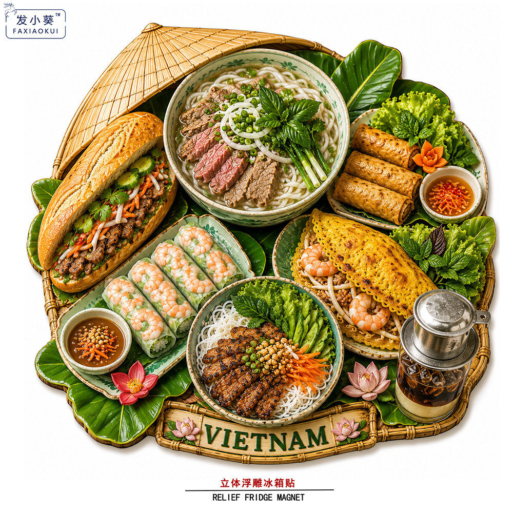 【越南美食】立体浮雕树脂冰箱贴东南亚河粉春卷三明治漏斗咖啡