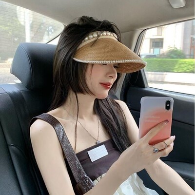 珍珠空顶帽子女夏季遮阳帽防晒度假海边沙滩草帽大帽檐发箍太阳帽