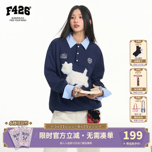 【F426官方店】国潮牌秋季新款休闲假两件拼接衬衫领贴布绣卫衣