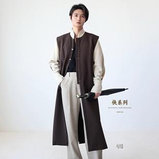 国风拼假飞袖 新中式 假两件棕色立领人字纹秋冬通勤大衣 侠 乱山昏