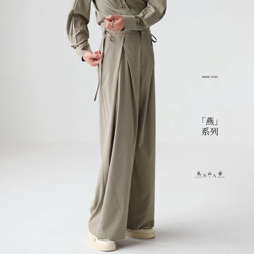 新中式国风浅灰绿多褶休闲裤