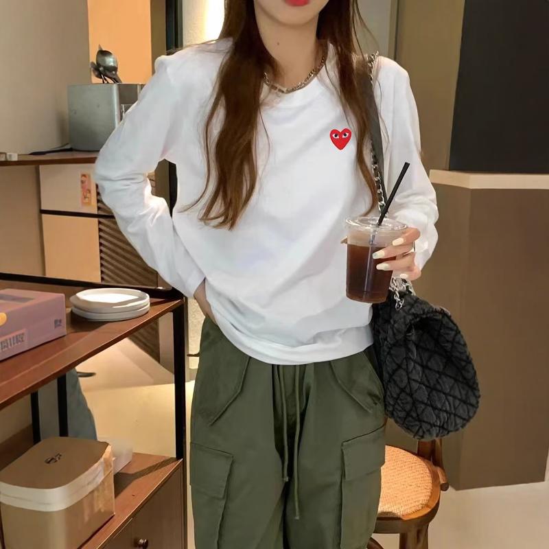 日系纯棉长袖爱心T恤女红心上衣内搭圆领宽松打底衫潮牌情侣装男t