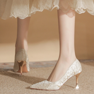 法式绝美香槟色高跟鞋不累脚成人礼配裙子礼服婚纱新中式伴娘单鞋