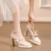 法式 伴娘单鞋 小个子公主香槟色玛丽珍粗高跟鞋 婚纱秀禾礼服新中式