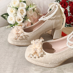 新娘鞋 粗跟高跟鞋 女仙女风成人礼公主裙子旗袍禾秀婚纱两穿订婚鞋