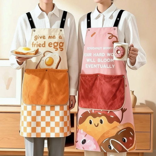 卡通鸡蛋吐司围裙防水防油厨房做饭家用可擦手背带毛巾新款家用