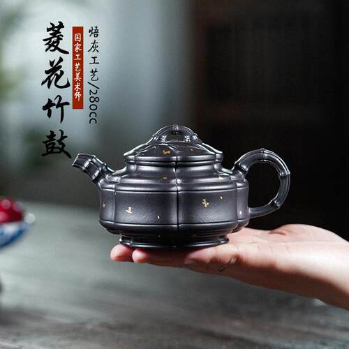 宜兴原矿紫砂壶手工制作朱泥焐灰筋纹竹鼓菱花壶茶壶一件起批
