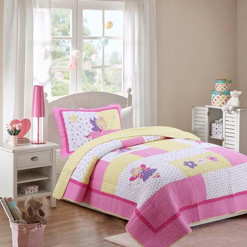 新款粉色公主风绣花棉质水洗二件套欧美活性印染绗缝床盖二件套