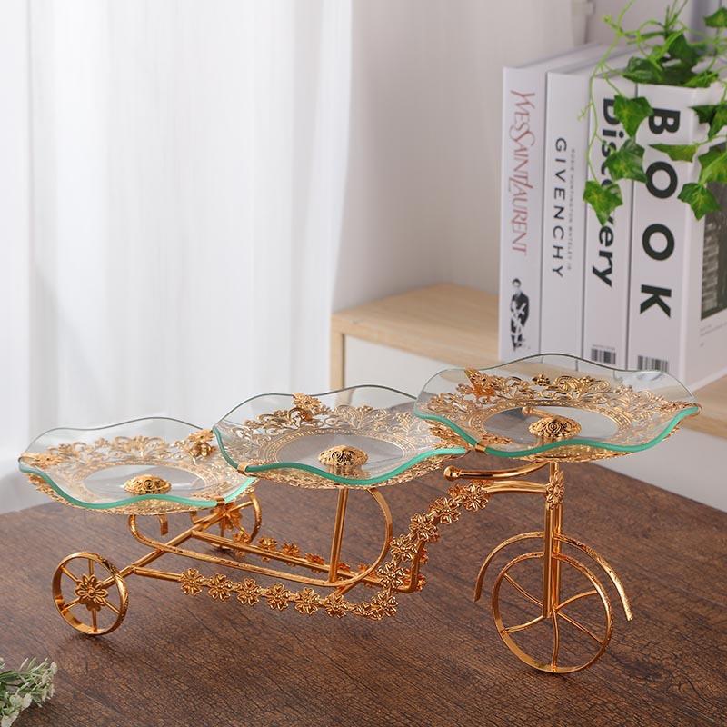 自行车模型水果盘办公室客厅家用个性铁艺钢化玻璃三层水果盘摆件