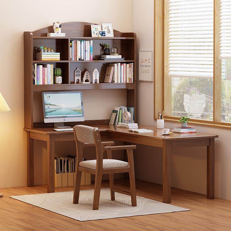 卧室学习电脑桌实木L型书桌书架一体家用靠墙转角办公写字桌学生