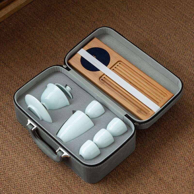 玉瓷盖碗茶具套装旅行便携包收纳送礼茶具茶杯陶瓷配皮包