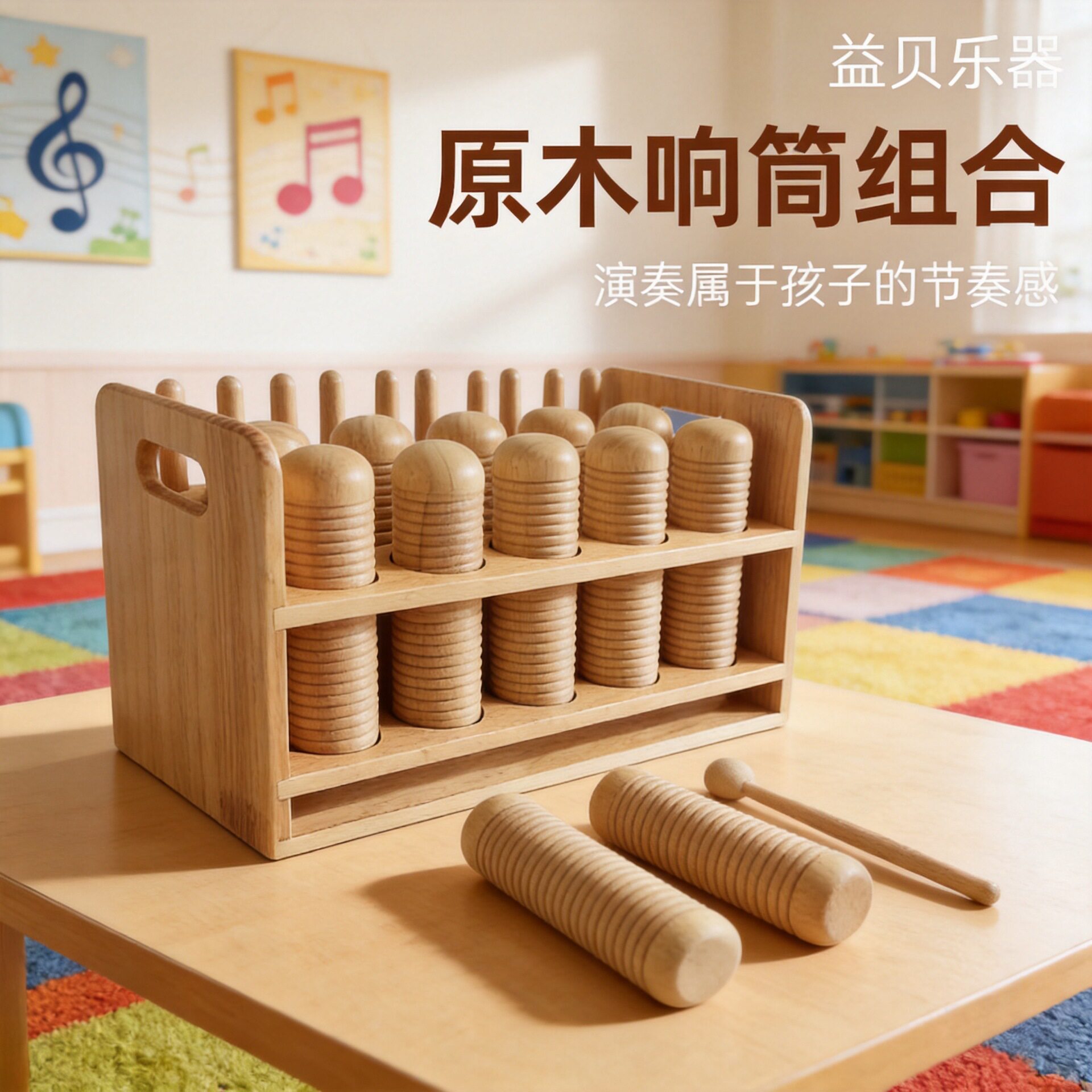 奥尔夫打击乐器原木响筒组合木质螺纹刮筒儿童音乐表演道具纱筒