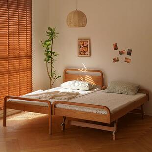 儿童隐形拼接床樱桃木全实木组合床加宽折叠抽拉床北欧拖床