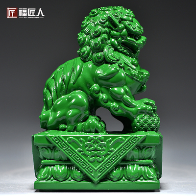 绿色木雕刻狮子一对北京宫门狮摆件家居办公室装饰工艺品开业送礼
