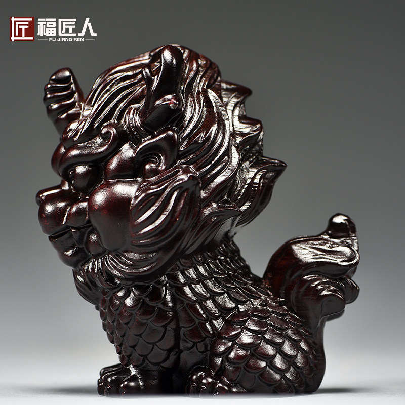 黑檀木雕麒麟摆件一对木头卧室家用家居玄关桌面装饰店铺开业送礼