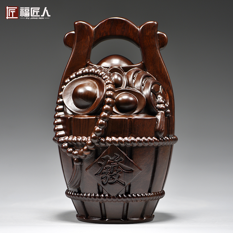 黑檀实木雕刻一桶金摆件木质