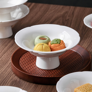 陶瓷高脚茶点盘水果盘坚果零食盘禅意中式高足葵口盘茶席茶食托盘
