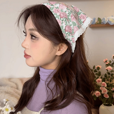 田园风春游拍照发饰蕾丝三角巾头巾发箍一体女夏季包头海边法式