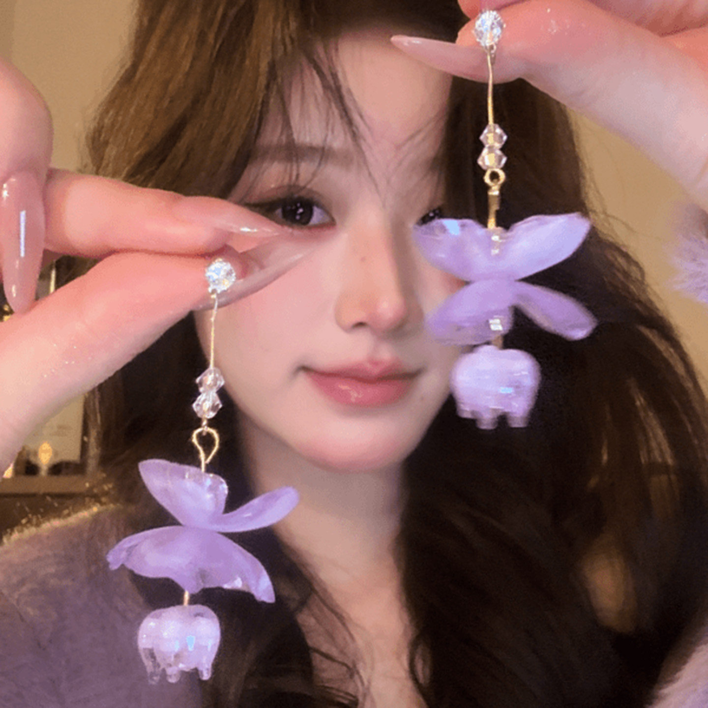 超仙紫色长款流苏铃兰花朵耳钉图片