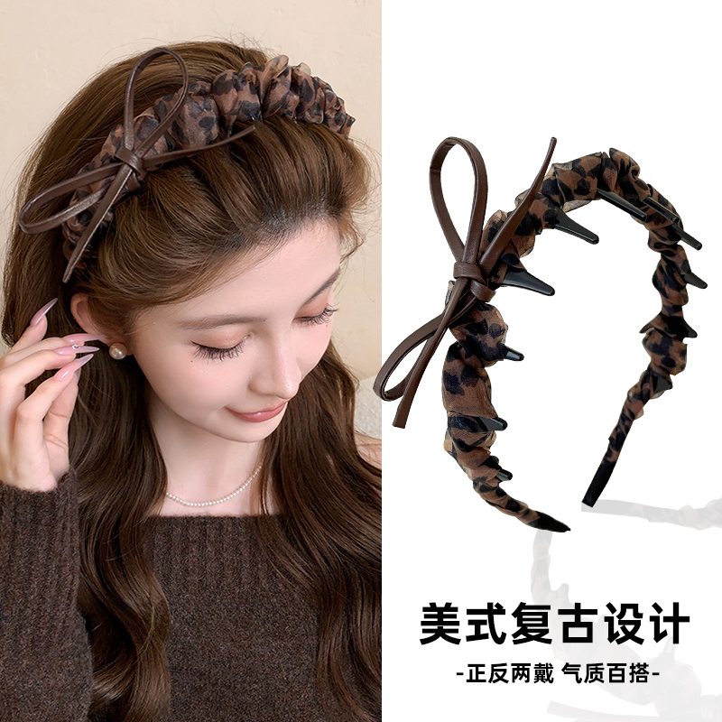 美式复古豹纹蝴蝶结皮革网纱发箍2025新款高颅顶洗脸防滑带齿头箍