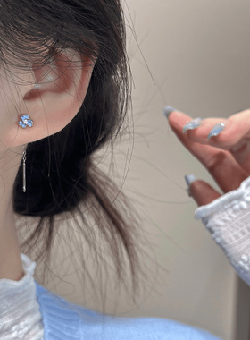 蓝色鸢尾花耳线女2025新款爆款小众设计感高级三叶花气质耳钉耳饰