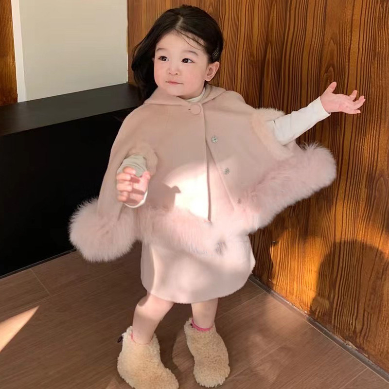 EYAS韩系毛绒斗篷外套背心裙套装2023秋冬女童上衣打底裙两件套