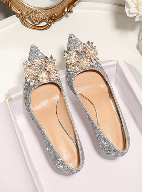 婚鞋女2024年新款伴娘新娘水晶鞋方扣细跟银色高跟秀禾婚纱可两穿