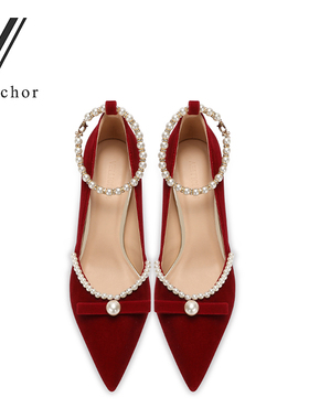 婚鞋女2024新款珍珠中式新娘鞋秀禾婚纱两穿细跟红色高跟鞋不累脚