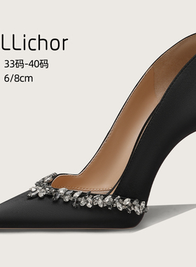 2024年新款真丝绸缎尖头细跟水钻链条不累脚黑色高跟鞋女法式单鞋