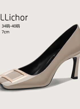 2025年新款方扣裸灰色复古高跟鞋女中跟法式浅口方头细跟通勤单鞋