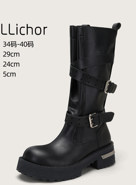 2025年冬季新款黑色皮带扣机车靴女厚底中长筒骑士靴朋克风马丁靴